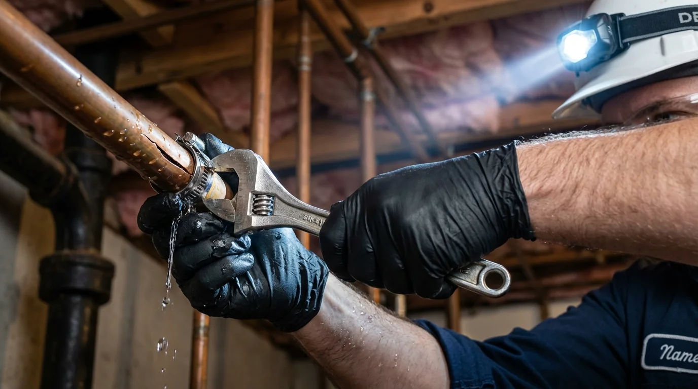 Emergency pipe clamp repair being performed by a Johns Plumbing LLC plumber in Walls