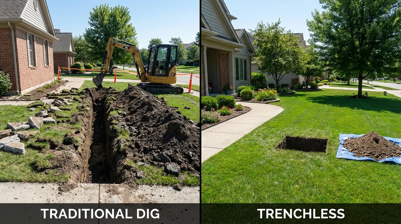 Trenchless sewer repair with minimal yard damage versus traditional excavation in Walls, MS
