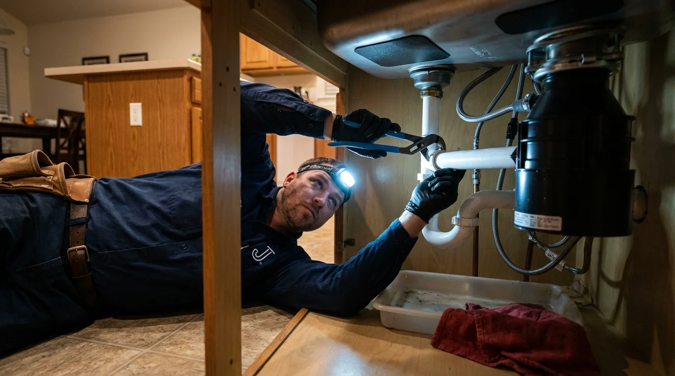 P-trap and supply line connections under a kitchen sink showing a common leak point in Walls, MS